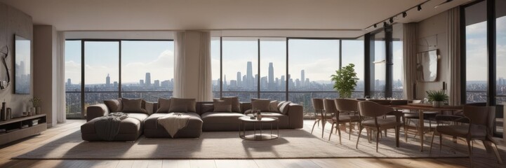 Modern apartment, panoramic city view, luxury condo  , high-end, sophisticated, luxury