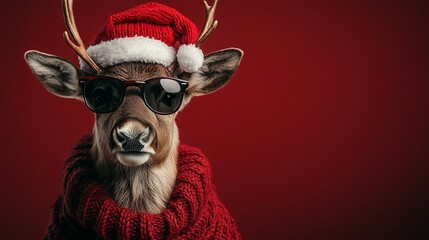 cool reindeer in Santa hat on snowy white sparkling background, right side empty  