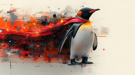 Emperor penguin wearing a flowing red cape, creating a striking superhero appearance, with paint splashes effect on a transparent background, PNG image, PNG file.