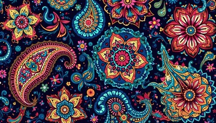 Intricate paisley motifs in bold, contrasting hues, vintage, artistic