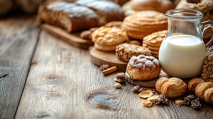 Fototapeta premium Still life with bakery products and milk on a wooden table. In the center is a transparent jug filled with milk. Around it are bread, rolls, pies, sprinkled with powdered sugar or covered with nuts.