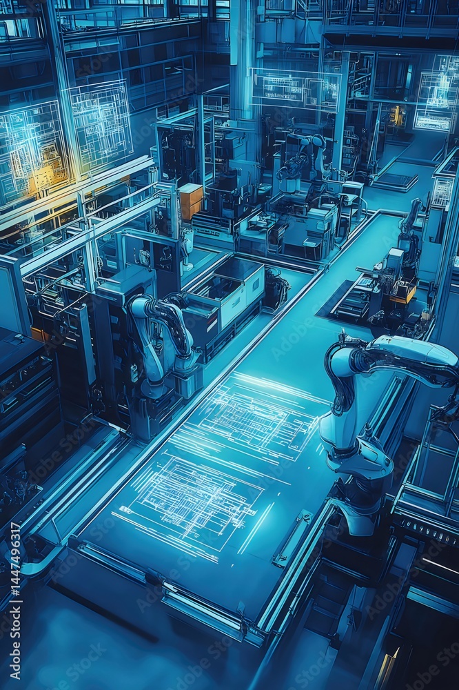 Aufkleber 未来的な青色の工場内部の俯瞰図 ロボットアームと機械が並ぶ先進的なデジタル世界