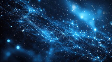 Obraz premium Glowing blue spheres connect in deep blue space with fading light