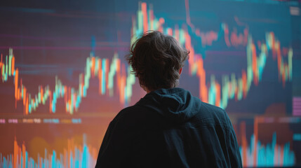 Person facing away, looking at a large display showing financial charts.  Detailed stock market data is visible on multiple screens, with various colored lines and graphs