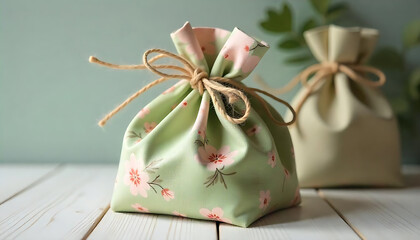 Delightful handmade gift bags on a wooden surface, each with a beautiful floral design and tied with twine. The light green and pink color palette evokes a sense of warmth and cheer. 