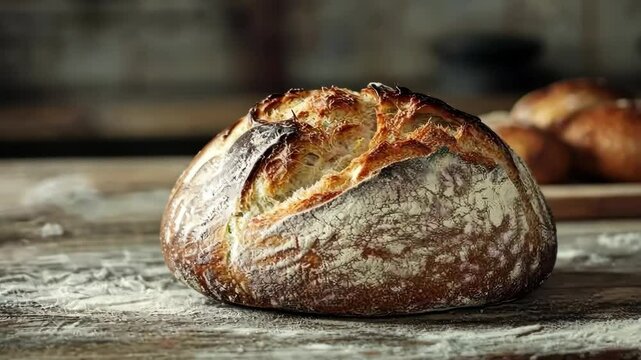 Crusty artisan bread cooling on rustic wooden table in natural light