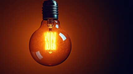 Obraz premium Lit vintage bulb with glowing filament hangs against a dark background, casting a warm glow