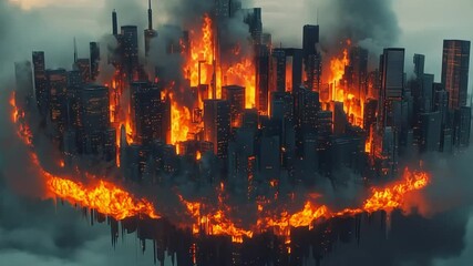 A floating city burning among the clouds, soaring into the sky in an apocalyptic blaze is ideal for a post-apocalyptic world illustration.