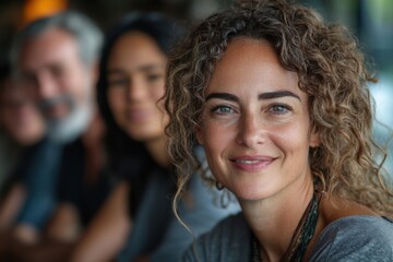 Obraz premium Close-Up Portrait of a Smiling Woman with Curly Hair and Natural Beauty