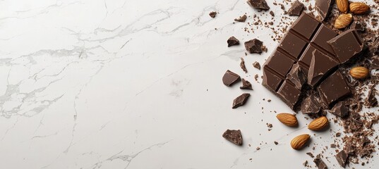 Fototapeta premium Milk chocolate squares with almonds and hazelnuts on white marble background