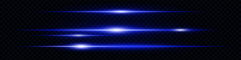 Set of abstract horizontal blue glowing light streaks or lens flares isolated on dark transparent background. Futuristic neon beams, special effects, digital design. EPS vector illustration.