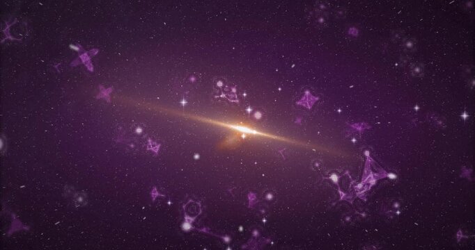Bright golden galaxy disk being animated in cosmic scene, with radiant beam, purple network overlay