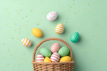 Colorful Easter Eggs Falling from Wicker Basket – Festive Spring Decoration Flat Lay