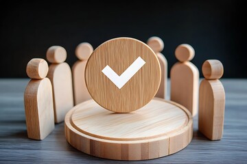 Wooden Peg Dolls Group Meeting Leadership Concept Teamwork Collaboration Wooden Figures on Round Base Fair Trial Justice Symbolic Image Business People Meeting law toys and a tik mark in the midle