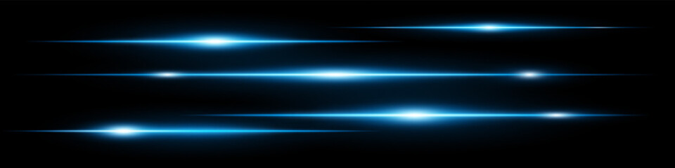 Collection of horizontal blue neon lens flares isolated on black transparent background. Futuristic abstract light beams, perfect for digital effects, UI, banners. EPS vector illustration.