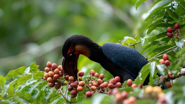 A striking hornbill bird is beautifully framed by vibrant foliage as it perches gracefully, highlighting the rich biodiversity of its tropical habitat and the wildlife it supports.