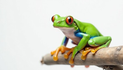Obraz premium Green tree frog perched on white, vibrant detail, background, frog