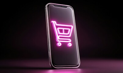 A neon shopping cart icon glows on a smartphone screen, representing online retail and purchases.