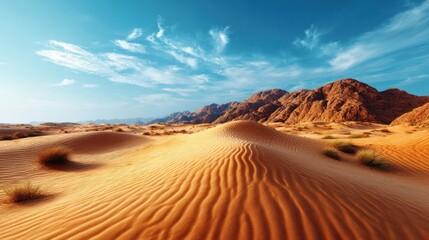Naklejka premium A breathtaking desert scene with rolling sand dunes beneath a vibrant blue sky, nature's beauty.