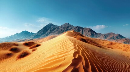 Naklejka premium A breathtaking view of golden sand dunes with majestic mountains under a blue sky.