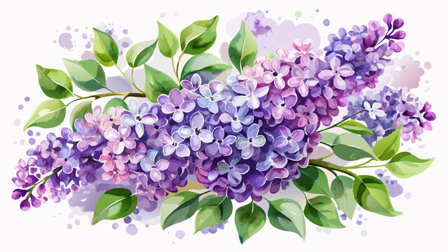 watercolor purple lilac flowers with green leaves clip art preview