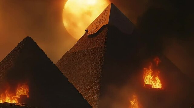 Pyramids in the twilight flames, when the great heritage is burned by the shadow of destruction