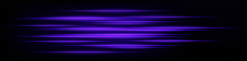 Collection of purple horizontal abstract neon speed lines glowing on dark background. Futuristic dynamic beams, perfect for digital design, UI elements, and tech projects. EPS vector illustration.