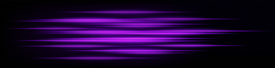 Collection of purple horizontal abstract neon speed lines glowing on dark background. Futuristic dynamic beams, perfect for digital design, UI elements, and tech projects. EPS vector illustration.