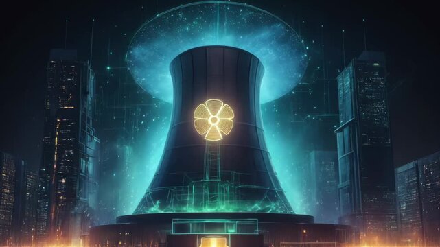 Nuclear reactor of a nuclear power plant in the city with glowing particles on a dark background, symbolizing energy made up of many particles. Video Generative AI.