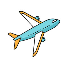 A cartoon illustration of a light blue airplane in flight with orange accents