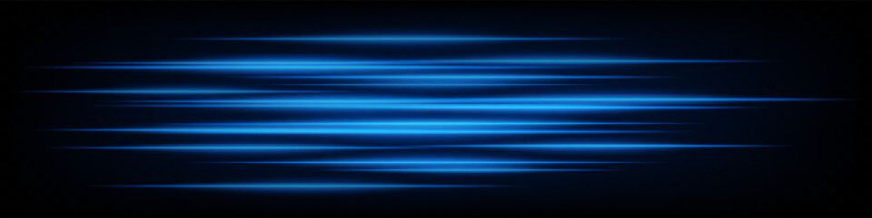 Collection of blue horizontal abstract neon speed lines glowing on dark background. Futuristic dynamic beams, perfect for digital design, UI elements, and tech projects. EPS vector illustration.