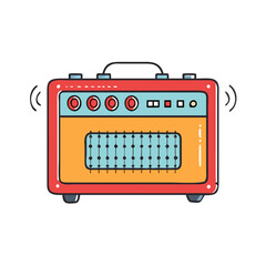 Retro Red Guitar Amplifier with Sound Waves Illustration