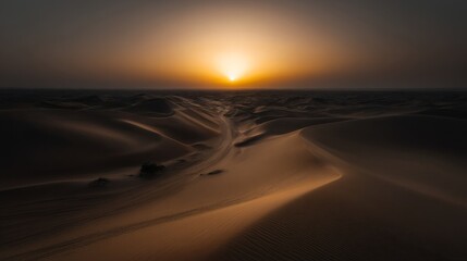Serene Sunset Over Vast Desert Landscape with Golden Sand Dunes