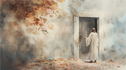 Jesus Standing at the Door Knocking, vector illustration, watercolor