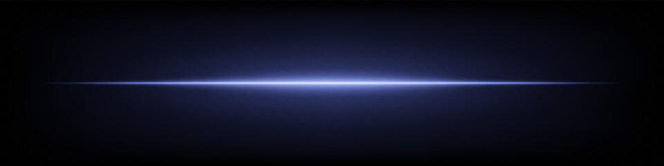 Blue horizontal neon lens flare glowing brightly on dark background. Minimalist futuristic abstract beam, perfect for UI design, sci-fi effects, digital projects. EPS vector illustration.