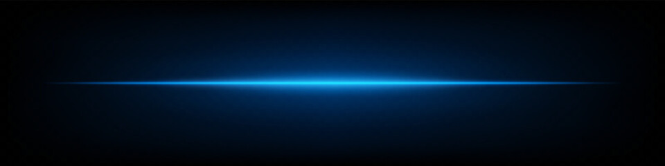 Blue horizontal neon lens flare glowing brightly on dark background. Minimalist futuristic abstract beam, perfect for UI design, sci-fi effects, digital projects. EPS vector illustration.