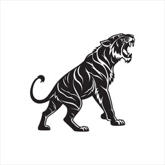 Roaring Tiger Silhouette on White Background