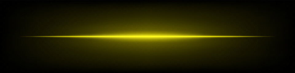 Bright yellow horizontal neon lens flare isolated on dark background. Abstract futuristic minimalistic beam, perfect for UI, digital design, sci-fi projects. EPS vector illustration.