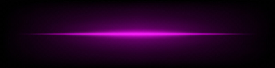 Bright purple horizontal neon lens flare isolated on dark background. Abstract futuristic minimalistic beam, perfect for UI, digital design, sci-fi projects. EPS vector illustration.