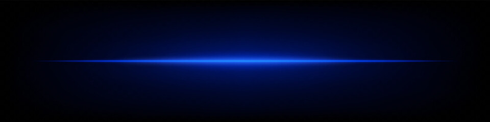 Bright blue horizontal neon lens flare isolated on dark background. Abstract futuristic minimalistic beam, perfect for UI, digital design, sci-fi projects. EPS vector illustration.