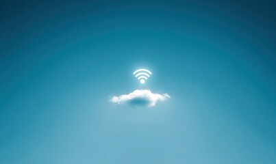 A bright wifi symbol hovers gracefully over a small cloud, against a vibrant blue backdrop.