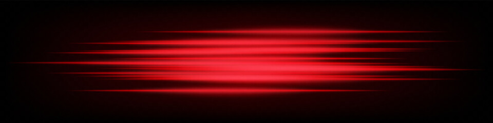 Bright horizontal red neon speed lines glowing dynamically on dark background. Futuristic abstract beams, ideal for UI design, digital effects, and technology visuals. EPS vector illustration.