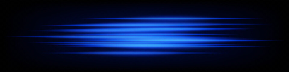 Bright horizontal blue neon speed lines glowing dynamically on dark background. Futuristic abstract beams, ideal for UI design, digital effects, and technology visuals. EPS vector illustration.