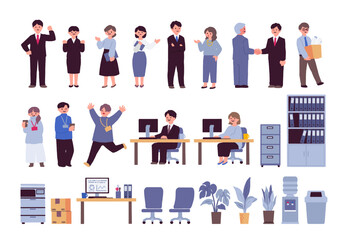 オフィスで働く会社員と備品のイラストセット