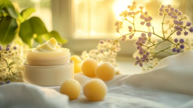 A luxurious jar of yellow skincare cream surrounded by golden plums and soft, cotton-like botanicals, set against warm, creamy fabric to evoke a sense of richness, hydration, and natural beauty.