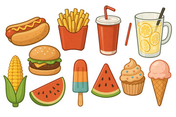 Png set of summer snack medley with fast food and refreshing treats isolated on transparent background. concept of fun picnic essentials, quick bites, casual dining, culinary illustration