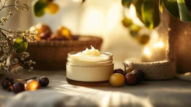 A luxurious jar of yellow skincare cream surrounded by golden plums and soft, cotton-like botanicals, set against warm, creamy fabric to evoke a sense of richness, hydration, and natural beauty.