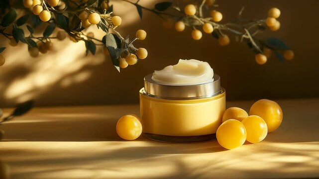 A luxurious jar of yellow skincare cream surrounded by golden plums and soft, cotton-like botanicals, set against warm, creamy fabric to evoke a sense of richness, hydration, and natural beauty.