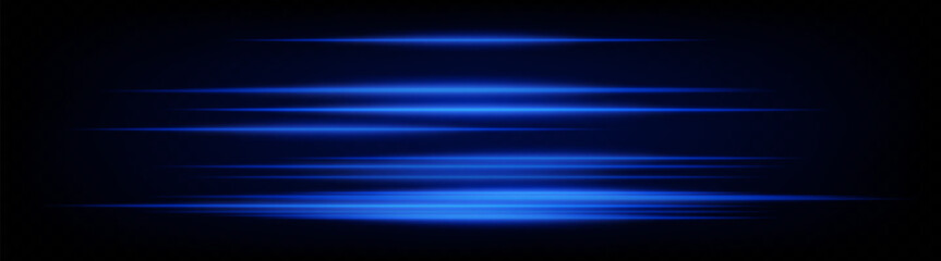 Set of dynamic horizontal blue neon speed lines glowing on dark background. Futuristic beams ideal for technology visuals, UI design, digital banners. EPS vector illustration.
