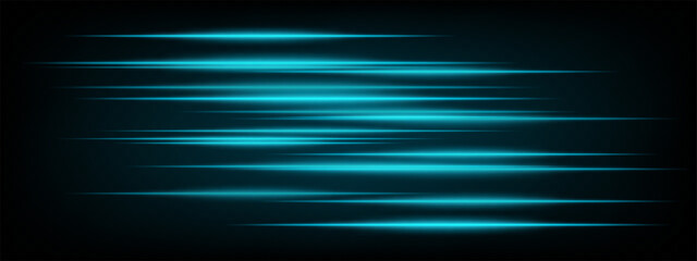 Collection of blue horizontal abstract neon streaks glowing dynamically on dark background. Futuristic speed lines perfect for digital effects, interfaces, tech projects. EPS vector illustration.